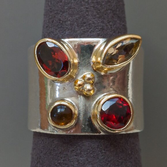 Michou Sterling & 22k Vermeil Wide-Band Ring w / Garnet, Citrine & Amber - Picture 1 of 13